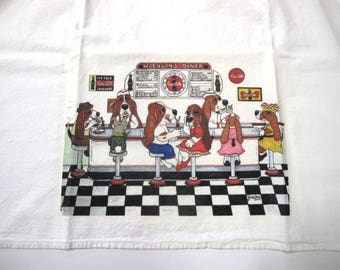 Basset Hound Flour Sack/Tea Towel - 27&quot; x 27&quot; - &quot;Woebgon Cafe - Soda Shop&quot;