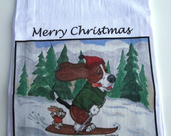 Basset Hound Flour Sack/Tea Towel - 27&quot; x 27&quot; - &quot;Merry Christmas&quot; with Skiing Basset