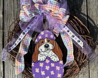 Hand Painted Basset Hound Wreath 14" x 14" - Purple Easter Egg Puppy