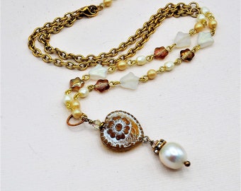 CyberSale - Romantic Heart and Pearl Necklace, Handcrafted Jewelry, Elegant Gifts for Her