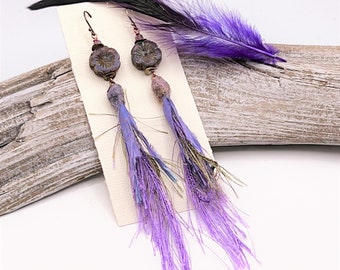 Purple Hawaiian Hibiscus Earrings, Purple Tassel Earrings, Ladies Boho Jewelry, Ladies Gifts