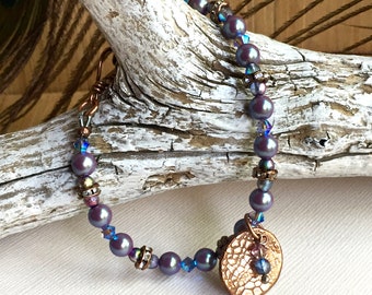 CyberSale - Artisan Crafted Ladies Bracelet, Plum Glass Pearl Bracelet, Handcrafted Copper Charm, Glass and Crystal Jewelry