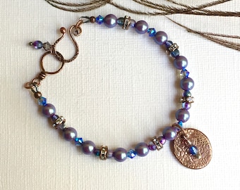 Artisan Crafted Ladies Bracelet - Plum Glass Pearl Bracelet - Hand-crafted Copper Charm - Glass and Crystal Jewelry