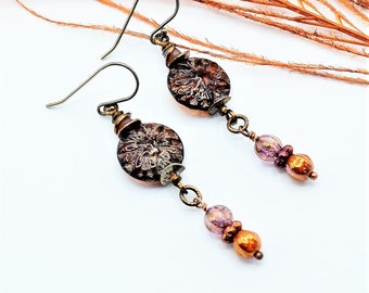 Ladies Floral Boho Earrings - Amber Bronze Dahlia Earrings - Fall Fashion - Dangle and Drop Earrings - Gifts for Her