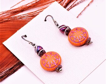 Tangerine and Fuchsia Earrings, Star of Ishtar Earrings, Dangle and Drop Earrings, Coordinating Jewelry