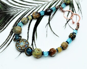 Blue Green Apatite Bracelet, Gemstone and Glass Jewelry, Star of Ishtar Bracelet, Jewelry for Her