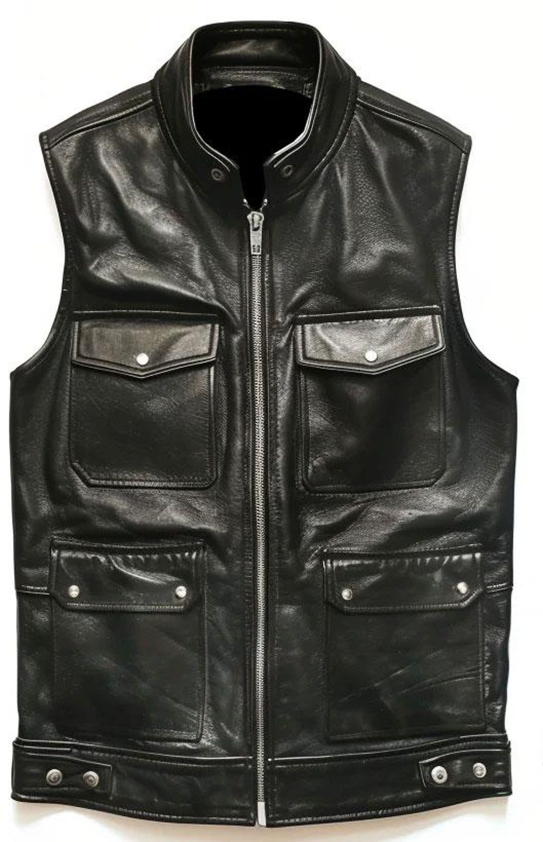 Mens Black Plain Real Leather Vests
