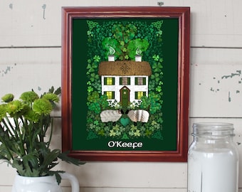 Personalized Irish art, shamrocks, wee Irish cottage, Irish wedding gift, Irish cottage, Ireland, Irish name, St. Patrick's Day, Irish farm