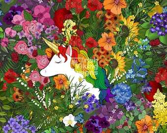 Unicorn in a Rainbow Garden, art print, childrens illustration, rainbow nursery, floral botanical, flowers drawing, garden home decor, horse