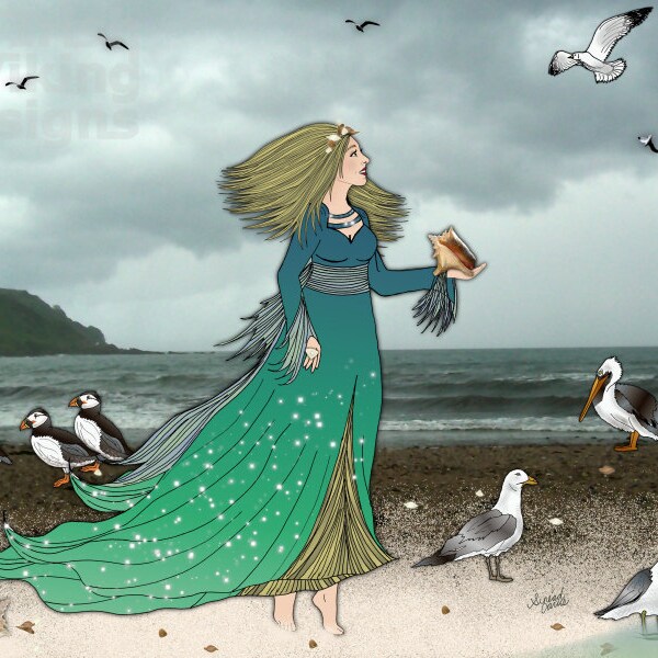 Queen of the Shore, Atlantic Ocean, seaside decor, beach house art, puffin illustration, seagull, pelican, ocean birds, landscape photo