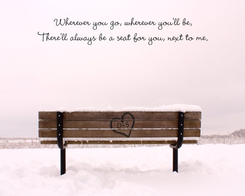 love gift, personalized art print, park bench, carved heart initials, anniversary gift, wedding present, bedroom art, heart, engagement art Winter Love