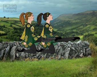 Irish Dancers, Irish dance, Ireland, Irish art, illustration print, Irish Dancer gift, Irish countryside, dancers, Irish pub decor, celtic