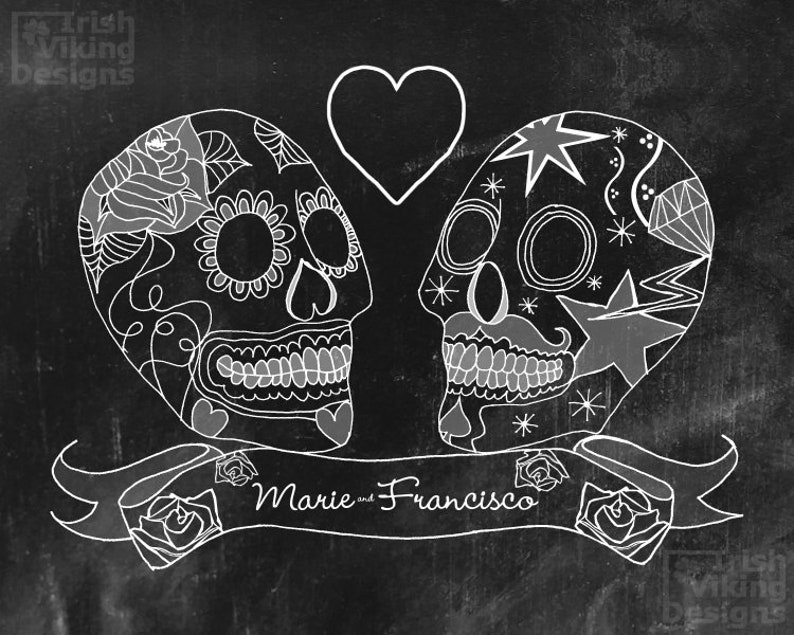 Sugar Skulls,personalized art print,wedding gift,Day of the Dead,Dia de los Muertos,Halloween wedding,anniversary print,Mexican inspired art image 6