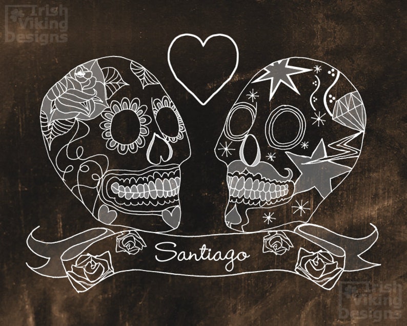 Sugar Skulls,personalized art print,wedding gift,Day of the Dead,Dia de los Muertos,Halloween wedding,anniversary print,Mexican inspired art image 3