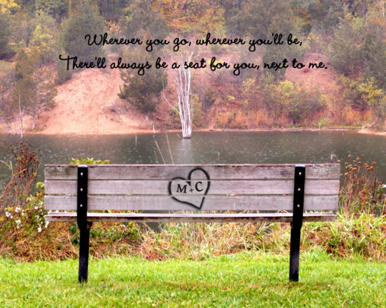 love gift, personalized art print, park bench, carved heart initials, anniversary gift, wedding present, bedroom art, heart, engagement art Autumn/Fall Love