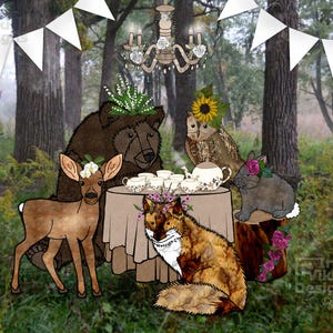 Woodland Tea Party, forest animals, floral crowns, bear, doe deer, fox, bunny rabbit, owl, tea time, woodsy art print, animal illustration