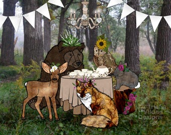 Woodland Tea Party, forest animals, floral crowns, bear, doe deer, fox, bunny rabbit, owl, tea time, woodsy art print, animal illustration