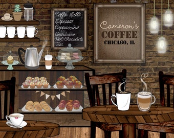personalized coffee cafe, coffee shop, coffeehouse, art print, home decor, latte, espresso, barista gift, coffee kitchen, housewarming gift
