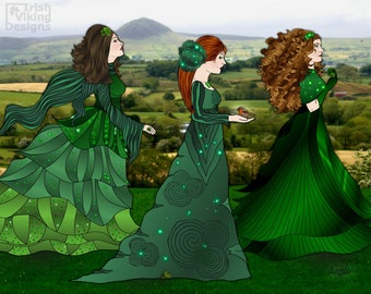 Irish landscape, Ireland art print, Queens O' the Green, Irishwomen, Irish woman, Ireland wall art, Slemish Mountain,shamrocks,Irish nursery