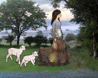 Mary and Her Little Lambs, baby animals, nursery decor, Irish farm art, County Antrim, Irish country home, baby sheep, Ireland landscape