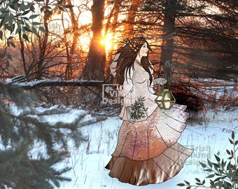 Winter Queen, Winter Landscape, nature, nursery decor, snowy forest, woodland, cabin wall art, fashion illustration art, winter sunset