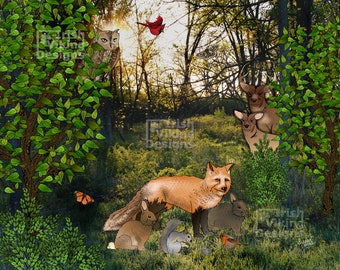 forest friends, woodland nursery, spring landscape, baby shower, forest animals, owl, fox, hare, bunny rabbit, squirrel, birds, cute animals