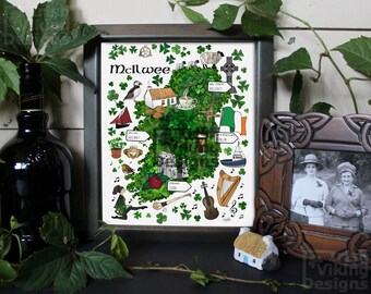 personalized map of Ireland, illustrated Ireland, Irish art, Belfast, Dublin, Cork, Galway, Irish map, symbols of Ireland, Emerald Isle art