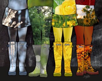 Four Seasons of Wellies, 8x10 inch art print, welly boots, Winter, Spring, Summer, Autumn Fall, botanical, flora, mud room, foyer, shoe art