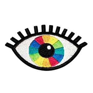 May include: A colorful eye patch with a rainbow iris and a black pupil. The eye patch is surrounded by a black eyelash.