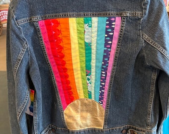 Quilted rainbow sunburst denim jacket