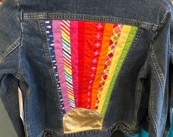 Quilted rainbow sunburst denim jacket