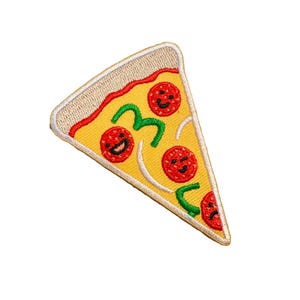 May include: A yellow and red embroidered iron-on patch of a pizza slice with smiling pepperoni faces.