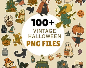 Naklejki w stylu vintage z motywem Halloween, grafiki PNG w stylu retro horror (do pobrania cyfrowego)