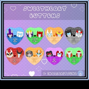 May include: Eight heart-shaped buttons with cartoon character designs. Each button has a different colour background and character pairing, with text labels like "Sweetheart Buttons" and character names.
