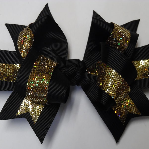 Black Gold Elegant Dance Recital Pageant Fancy Boutique Hair Bow Barrette Handmade