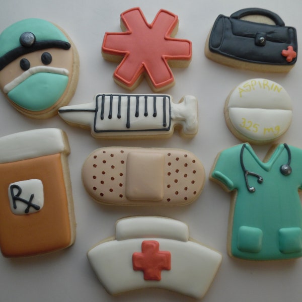 Medical Professional Doctor Nurse Healthcare Scrubs Mask Royal Icing Decorated Sugar Cookies Homemade Custom Personalized