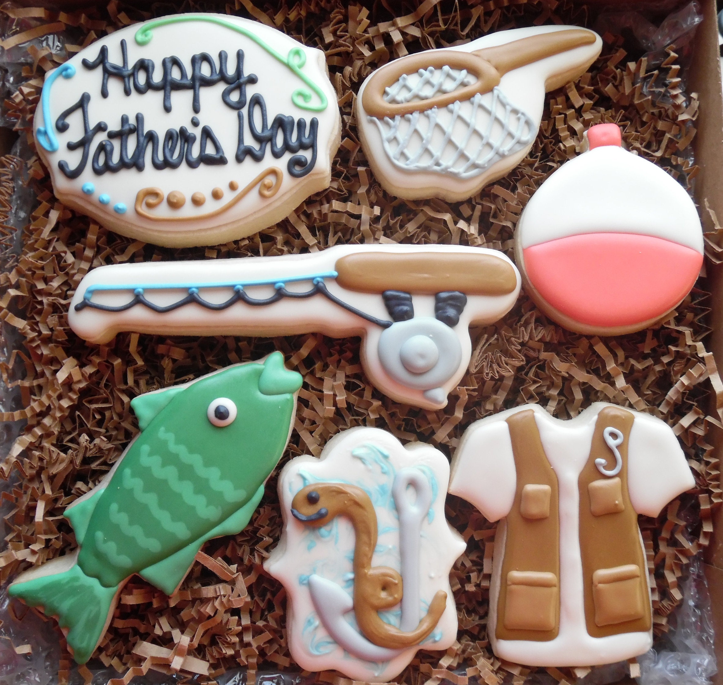 Father's Day Birthday Fishing Pole Bobber Gift Box Set Decorated Sugar  Cookies Royal Icing Homemade Made to Order 