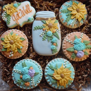 Get Well Soon Sympathy Condolences Apologies Gift Box Set Rustic Sunflower Ball Mason Jar Decorated Sugar Cookies Homemade Made To Order