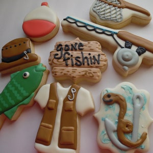 Fishing Pole Bobber Lake Vacation Cabin Birthday Party Decorated Sugar Cookies Royal Icing Homemade Made To Order By The Dozen