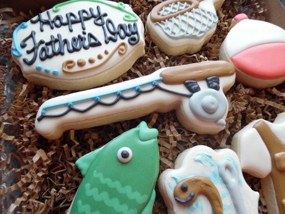 Father's Day Birthday Fishing Pole Bobber Gift Box Set Decorated Sugar  Cookies Royal Icing Homemade Made to Order 