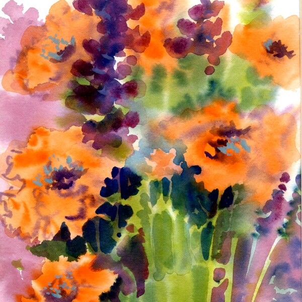 GARDEN GLEE MUMS Original  Jude Dorland Welter Matted Watercolor with Asters and Fall Colors