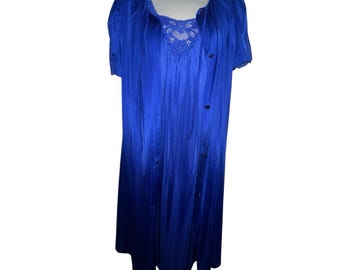 Vintage Lorraine Nightgown Robe Peignoir Set Full Length Maxi Medium Blue Nylon
