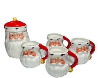 Vintage Avon Christmas Jolly Santa 4 Mugs And Cookie Jar Set Ceramic Holiday