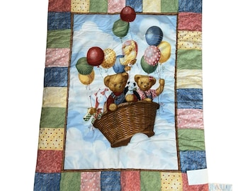 Vtg Blue Jean Teddy Bear Blanket Quilt Hot Air Balloon Baby Nursery Wall 41 X 30