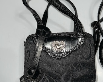 Vtg Black Crocodile Embossed Small Top Handle Bag Heart Accent Crossbody Strap