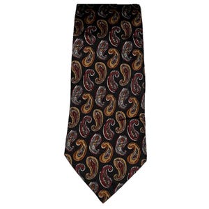 May include: A black necktie with a repeating paisley pattern in shades of red, gold, and white. The tie is made of a smooth fabric and is suitable for formal or business attire.