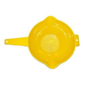 May include: A bright yellow plastic strainer with a handle and a perforated bottom. The strainer has a round bowl shape with a pouring spout and two small holes on the sides. This kitchen tool is designed for straining liquids and rinsing food.