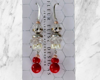 Clear Crystal Elegant Drop Earrings, Red Earrings, Statement Earrings, Beaded Earrings, Pearl Earrings, Red Jewellery, Bridal Earrings