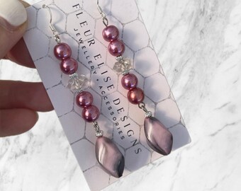 Pendientes largos de perla púrpura rosa, pendientes de declaración, pendientes con cuentas, pendientes colgantes de cristal, pendientes de perlas, bodas púrpura rosa
