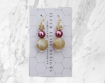 Crystal Ball Elegant Drop Earrings, Pink Earrings, Green Earrings, Statement Earrings, Beaded Earrings, Pearl Earrings, , Bridal Earrings